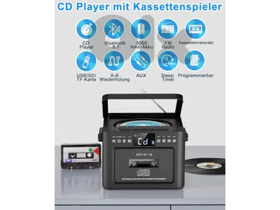 Greadio Portable CD Player for Home, Rechargeable Boombox Cassette Player, FM Ra