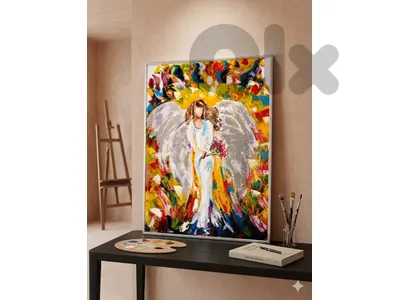 Large Modern Acrylic Angel Painting with Silver Frame – Beautiful Decor