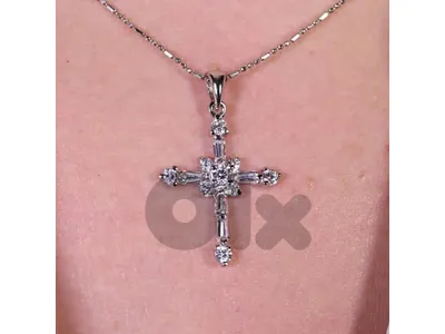 Baguette & Round-Stone Cross Pendant - Sterling Silver 925.