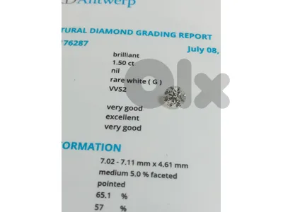 certiified diamond 1.5 ct. G vvs2. 6800$