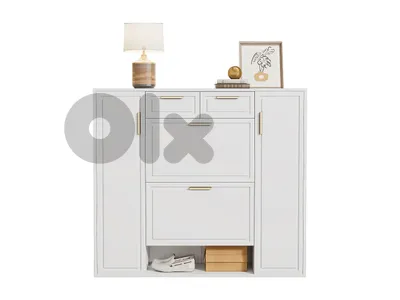 Modern shoe cabinet 120x24x107cm - 2 doors and 2 drawers - 2 drop-down doors - White