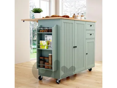 HLR Kitchen Island with Storage, Sage Green Rolling Kitchen Cart on Wheels with Drop-Leaf