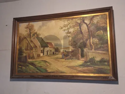 Large antique european signed oil painting on canvas