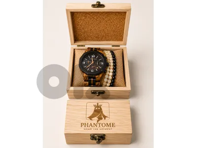 Phantome Wooden Watch Set, Black Dial Men’s Watch with Beaded Bracelet