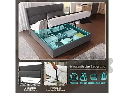 Upholstered Bed with Slatted Frame and Storage Box