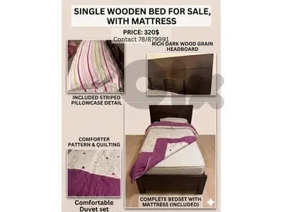 Complete Single Wooden Bed Set with Mattress & Bedding