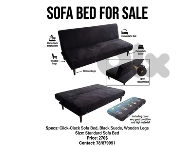 Premium Black Suede Click-Clack Sofa Bed (Includes Cover)