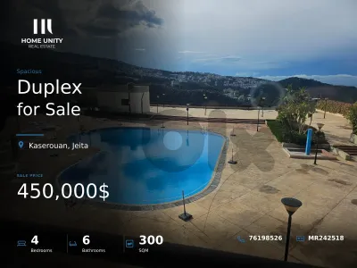 300 sqm duplex for sale in jeita , kaserouan , sea view
