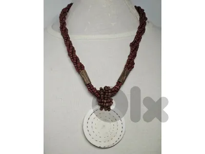Round Shell Pendant Necklace, Earthy Brown Multi Strand Tribal Festival Hippie Ethnic Boho Bohemian medallion necklace