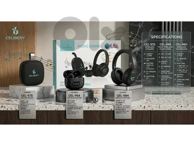 🎶 CELIBERY Audio Combo 🎶  Speaker • Earphones • Headphones  🔊 CEL-97S Wireless Speaker  • Chipset: JL6969 • Power: 8W • Battery: 2200mAh (protected) • Bluetooth: v5.4 • Playtime: up to 70hrs   🎧 C