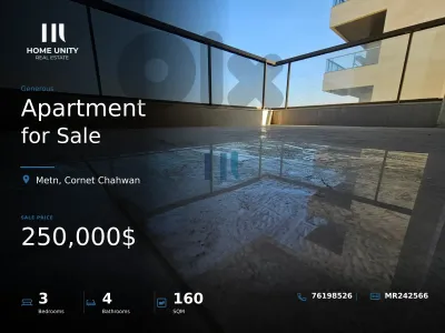 160 sqm Apartment for Sale in Cornet Chahwan.