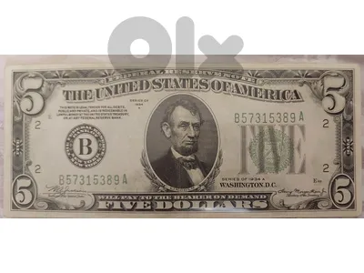 USA Five Dollars Banknote  year 1934 Memorial to president Ibraham Lincolin very fine