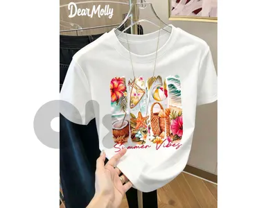 New Woman White Stylish Summer Beach Inspired Graphic Round Neck T-Shirt