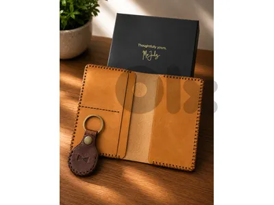 Leather Passport Holder Set | Camel Passport Holder with AirTag holder
