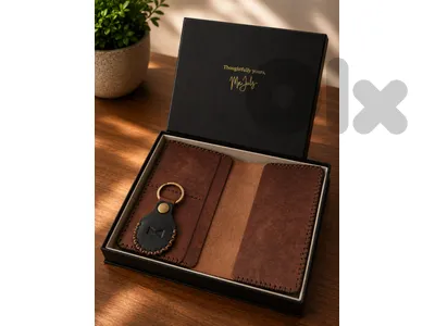 Brown leather Passport Holder Set with Black AirTag holder