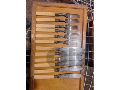 Vintage Silver Plate 12 Piece Fish Knife & Fork Set Ivory Color Hand