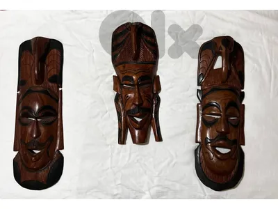 Set of 3 Hand-Carved Wooden Wall Masks – Decorative Tribal Art