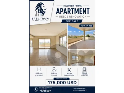 600$/Sq APARTMENT IN HAZMIEH PRIME 400Sq NEEDS RENOVATION, (HA-488)
