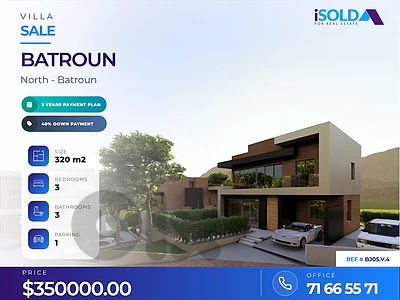 "Payment Facilities" 320m2 Villa+Garden+Mountain View 4sale in Batroun