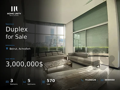luxurious 3-bedroom duplex for sale in saccine  Achrafieh, Beirut