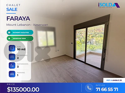 "Payment Facilities" 2 bedroom chalet+mountain view 4sale in Faraya
