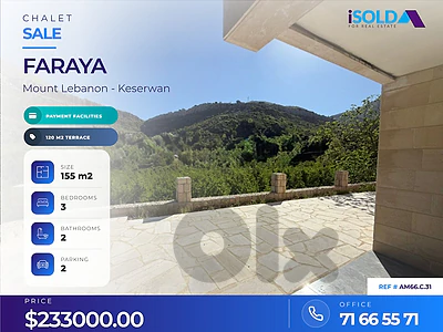 Chalet with a terrace having an open mountain view for sale in Faraya