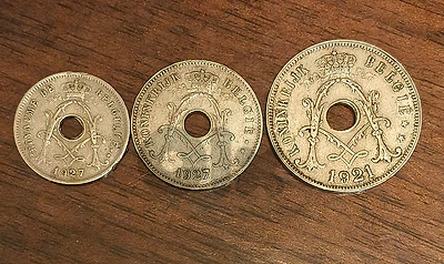 3 Vintage Belgium Holed Coins عملات بلجيكية