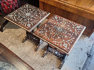 pair of antique folding mother of pearl inlaid tables