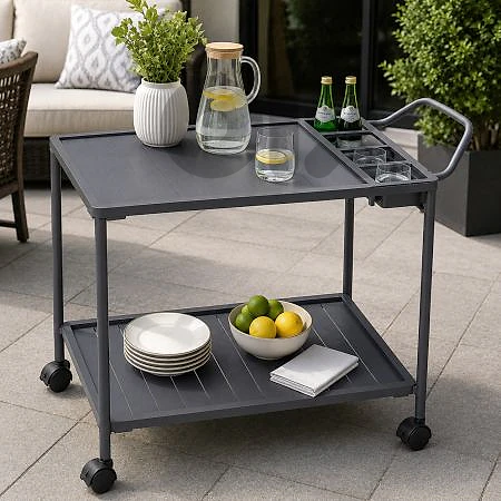 Aluminum Outdoor Serving Trolley Cart with Storage Shelf & Wheels