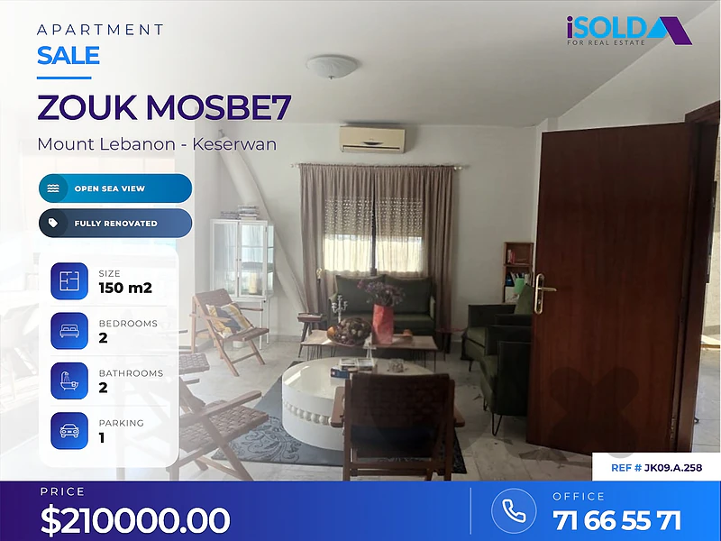 Hot deal, Furnished Apartment, Open Sea view 4 Sale in Zouk Mosbeh