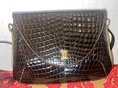 Vintage Black Crocodile-Embossed Leather Bag (Not Original)