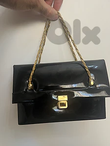 Vintage Black Leather Evening Bag / Clutch with Gold Braided Chain
