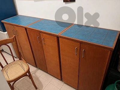 Vintage 1980s Modular Bar / Storage Cabinet, Wood & Ceramic Tiles