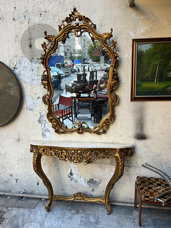 Frensh consol antique كونسول فرنسي مع مراي ناعم تلبيس ورق ذهب حفر ناعم