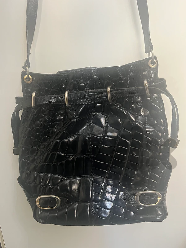 Vintage Genuine Crocodile Skin Bucket Bag – Glossy Black Purse