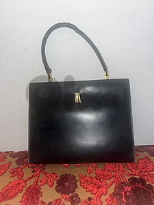 Vintage 1960s Black Box Leather Top Handle Frame Bag Modernist