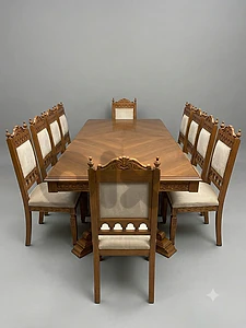 Elegant dining room, detailed classical carvings, upholstered chairs Elegant dining room, detailed classical carvings, upholstered chairs