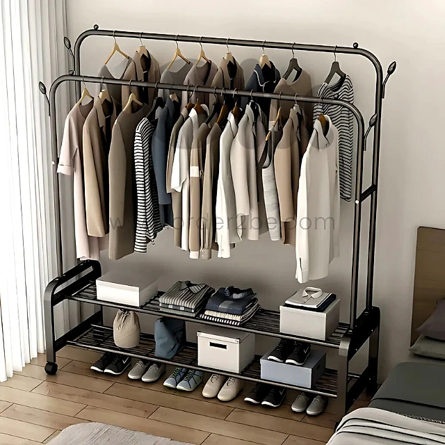 Modern Double Rod Clothing Rack – 48kg Load, Wheels & 2 Shelves Modern Double Rod Clothing Rack – 48kg Load, Wheels & 2 Shelves
