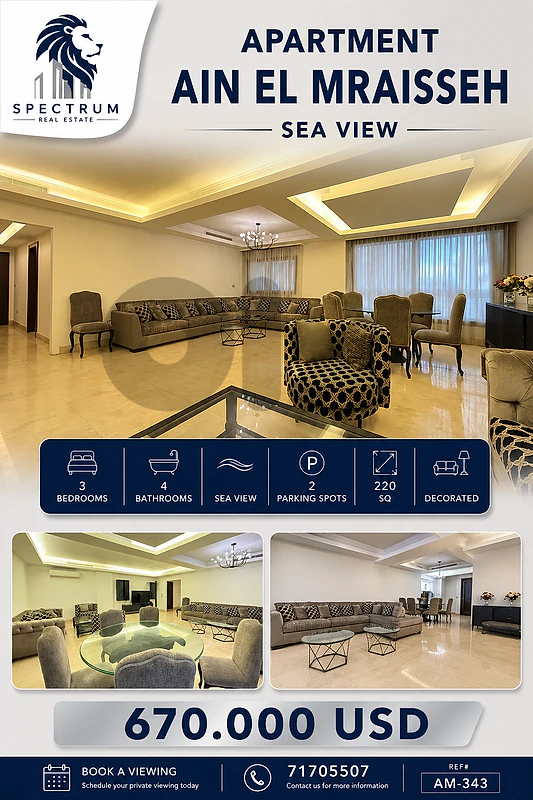 FULLY DECORATED APT IN AIN EL MRAISSEH | SEA VIEW | 220SQ | AMAF-343