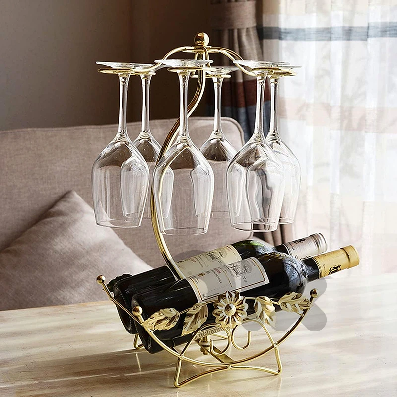Olive Wine Rack – Gold Wine Storage for 2 Bottles, 6 Glasses