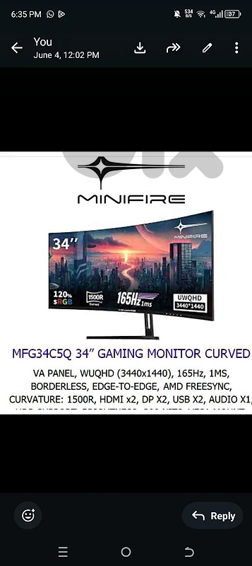 34 inch curved gaming monitor with built in speakers. High quality !