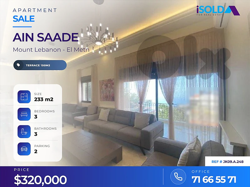 Furnished 200 m2 apartment+terrace+sea view 4sale in Ain Saadeh