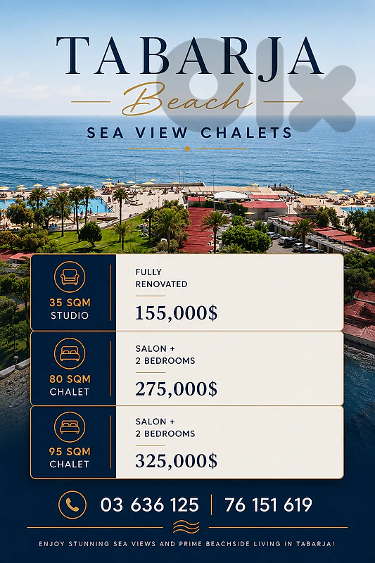 Tabarja Beach Sea View chalets Starting 150mmmqq
