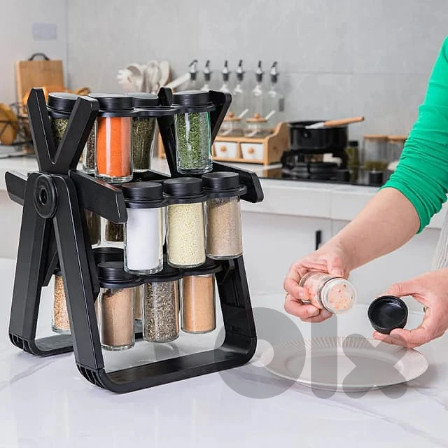 Kitchen Spice Rack with 18 Glass Jars - 360° Rotatable Jar Holder