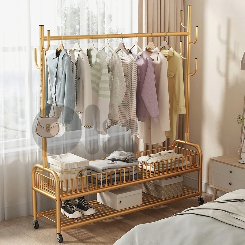 Golden Clothes Rack with Shoe Storage, Shelves & Side Hooks