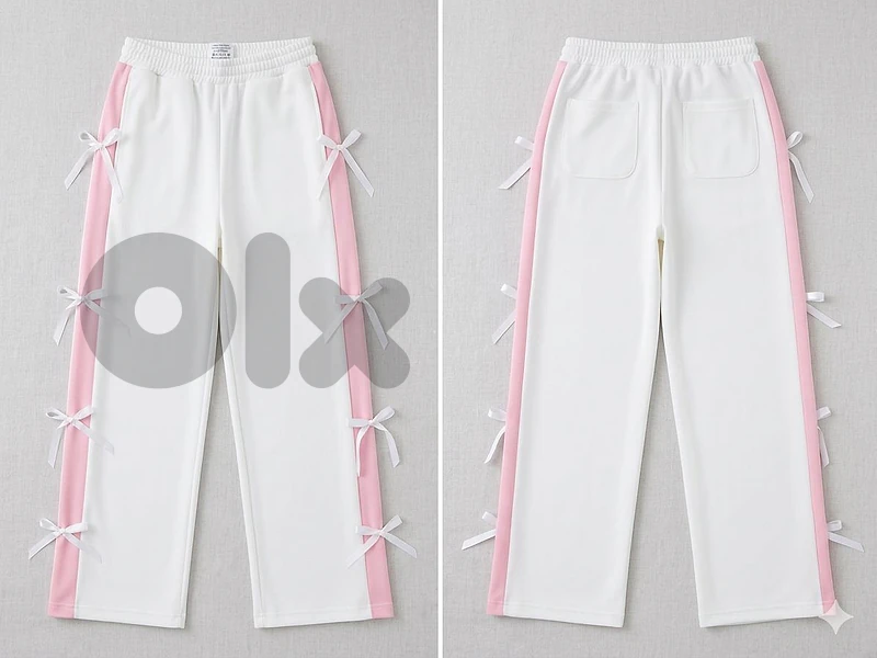 White Coquette Wide-Leg Sweatpants with Pink Stripes & Bows (Size Medi