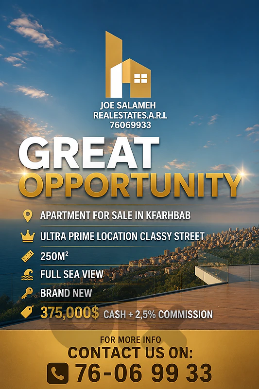 Apartment for sale in Kfarhbab 250m2 Sea View Prime Area 375,000$cash