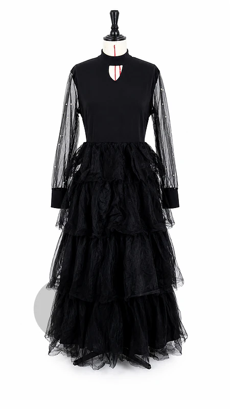 Black dress with ruffles and pearls