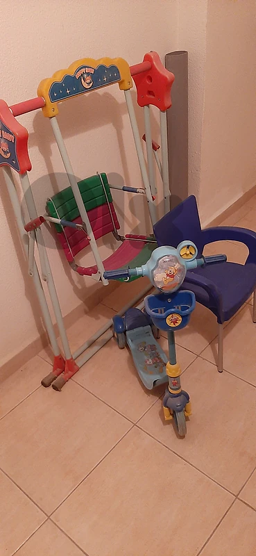 scooter, blue chair, swing for kids