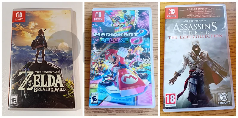 Nintendo games (Zelda BOTW, Mariokart, Assassin's Creed)